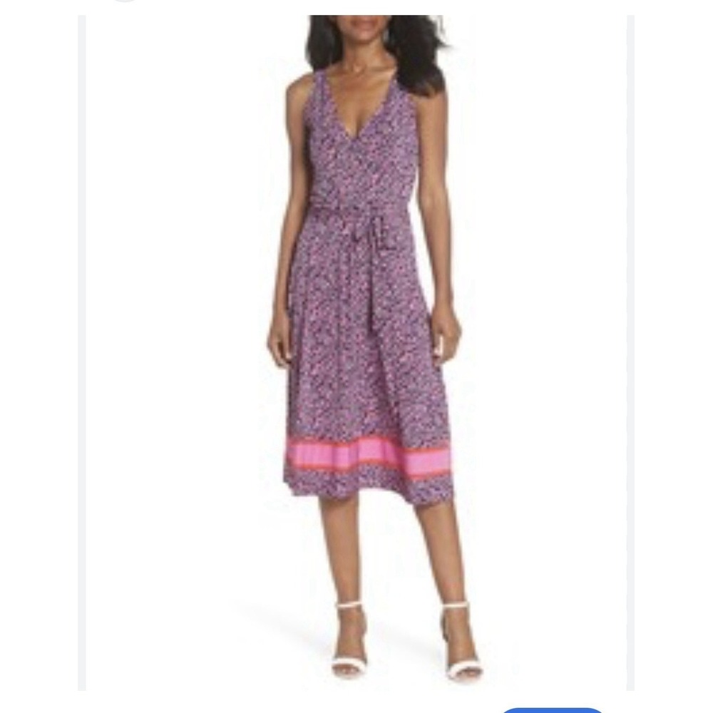 NWT Leota Black & Pink Wrap Dress Size 3XL Plus V-Neck 3/4 Sleeve Midi